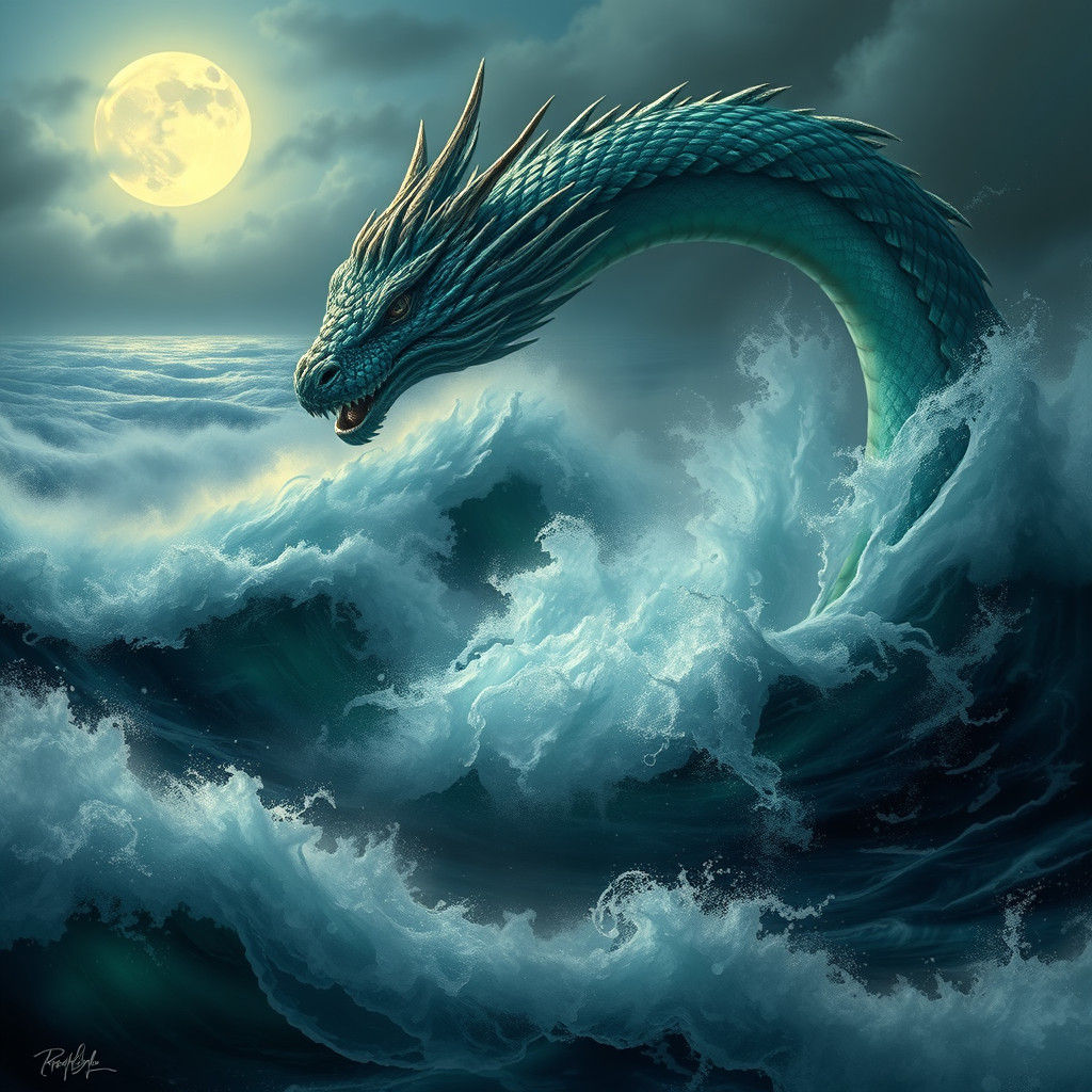 Mystical Sea Serpent Emerges from Moonlit Ocean