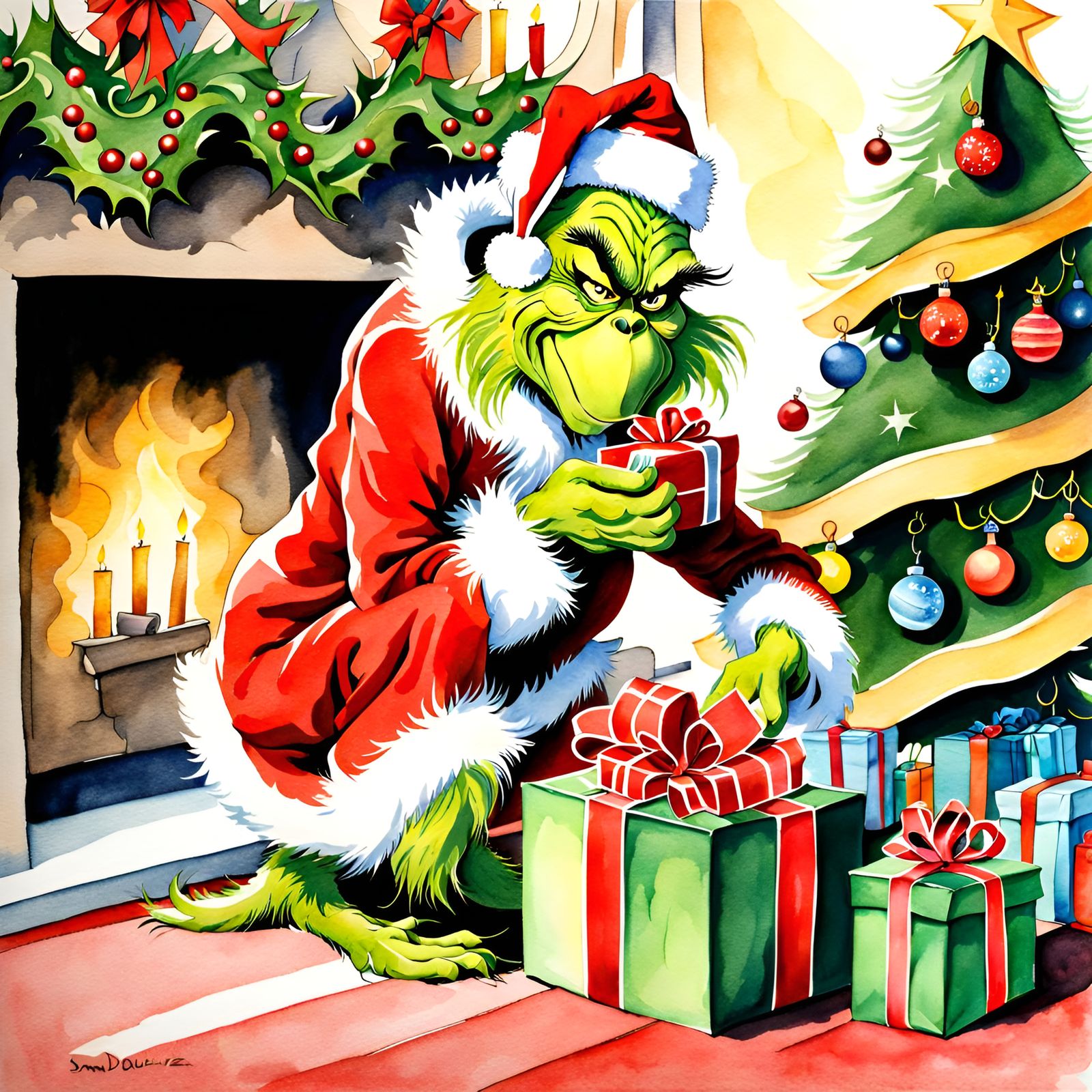 The Grinch Steals Christmas Present: Watercolor Illustration