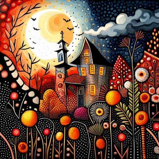 Halloween Garden Mixed Media Fantasy Painting