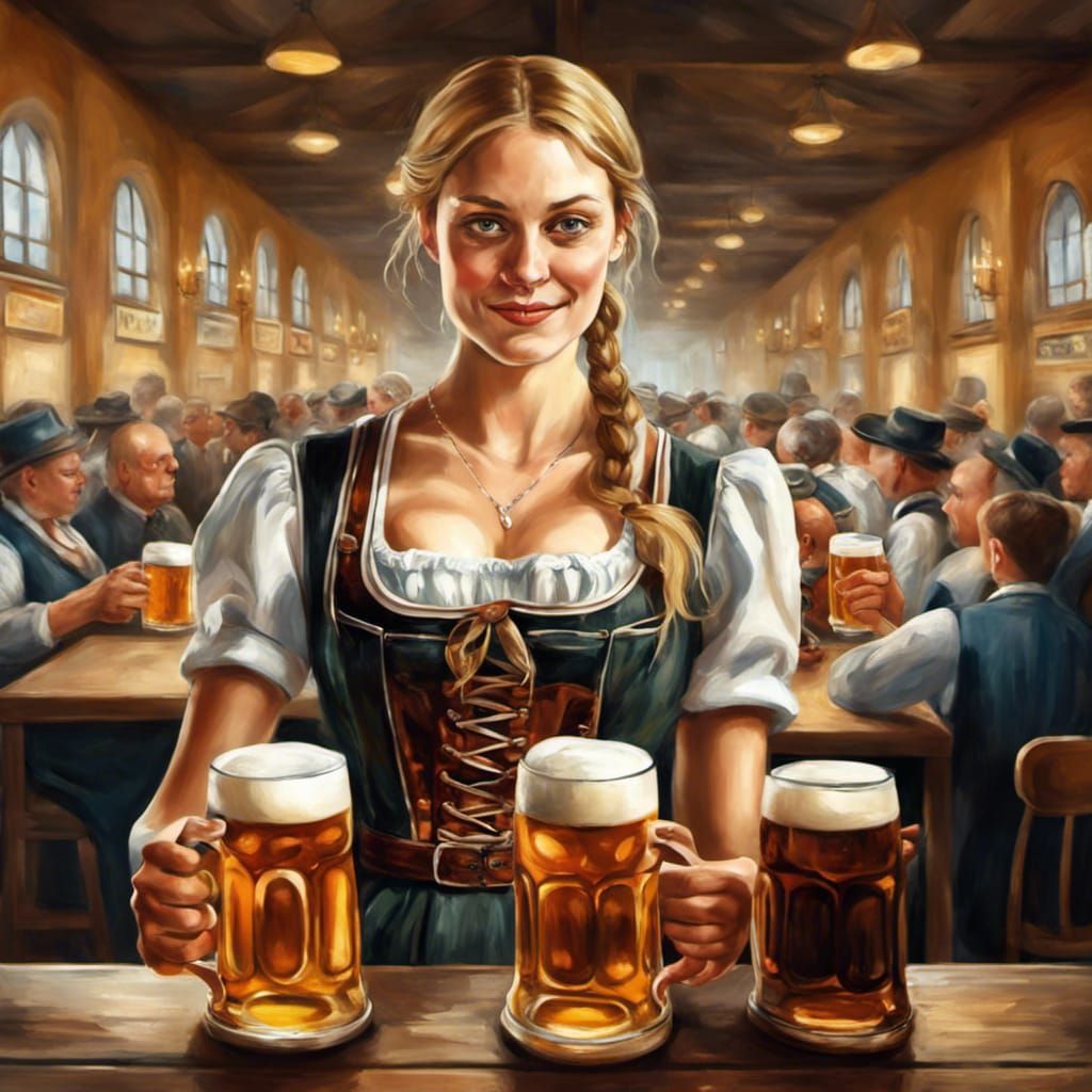 Oktoberfest Waitress in Hyperrealistic Digital Oil Painting