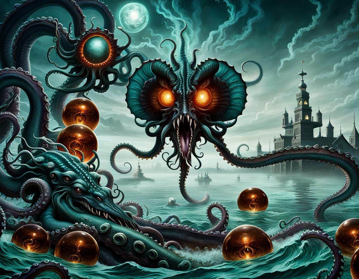 Cthulhu-esque Dragon Monster in Jar: Dark Surrealism