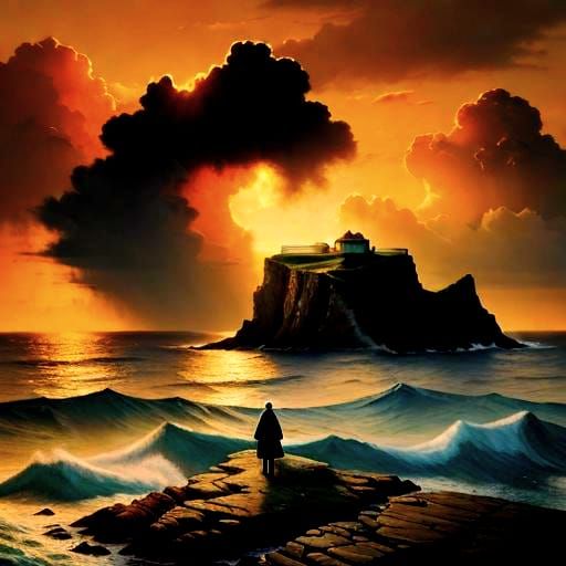 Romantic Seascape Painting with Figure on Cliff