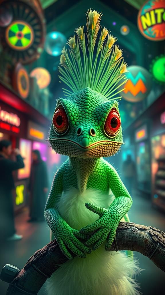 Futuristic Druid Marketplace with Bioluminescent Peacocks