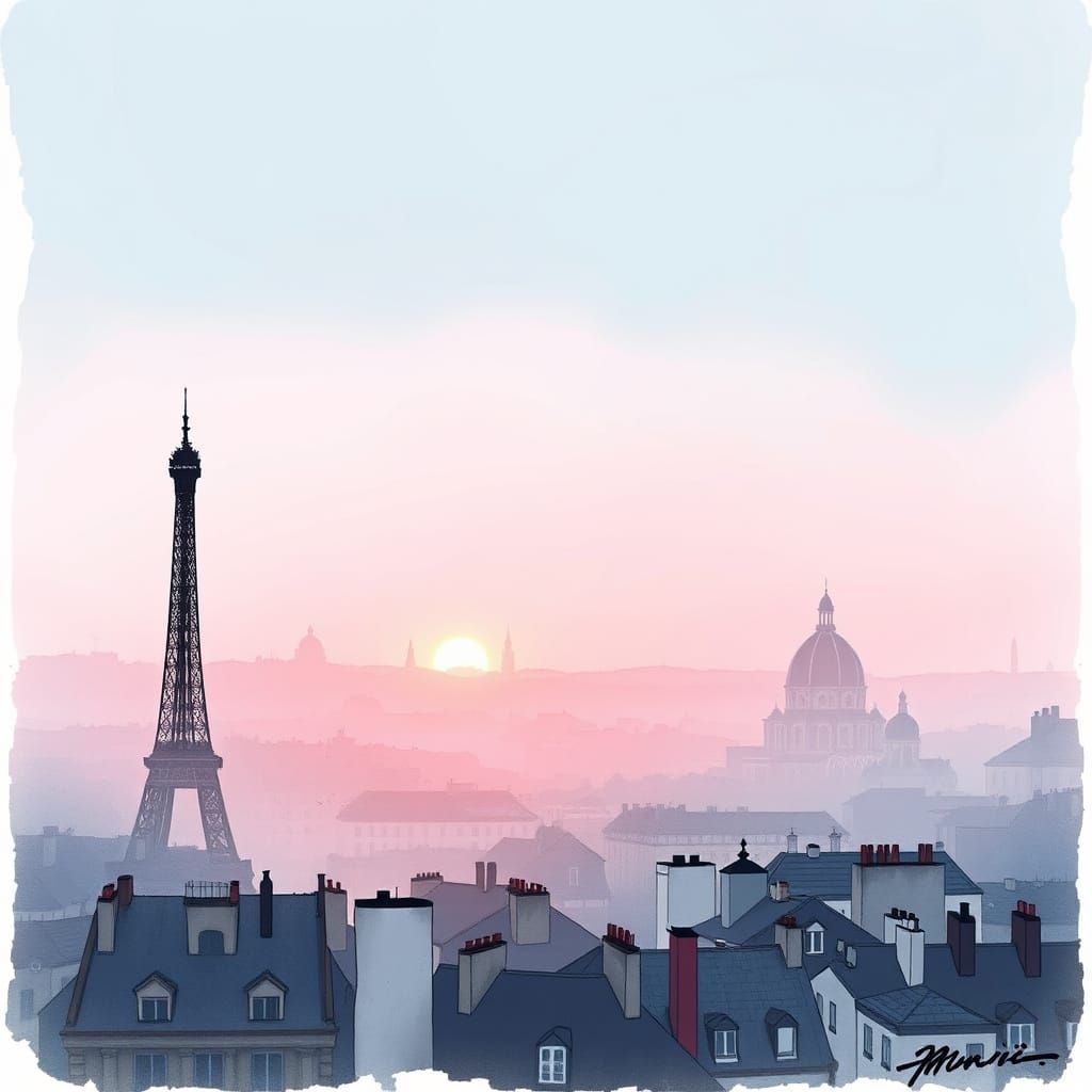Ethereal Paris Sunrise Cityscape in Minimalist Liquid Ink St...