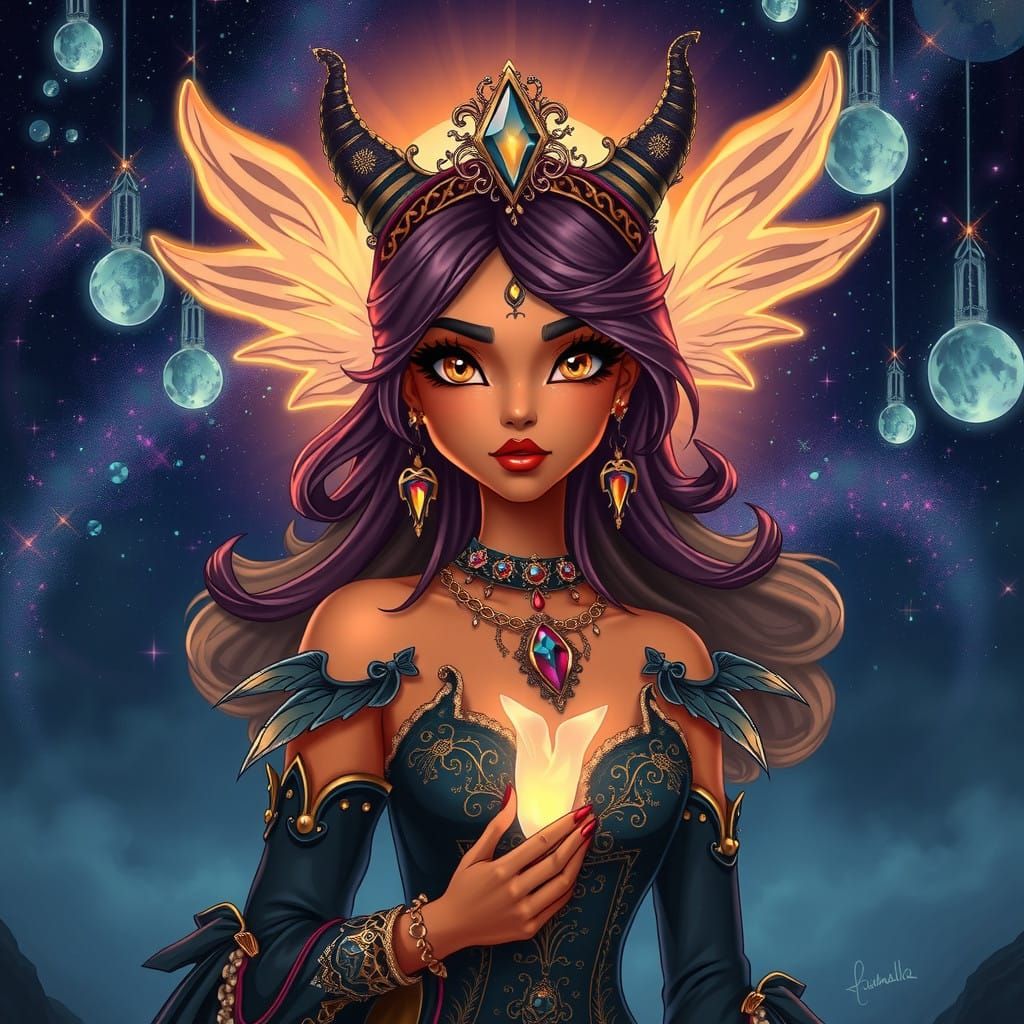 Whimsical Gothic Siren Illuminated Under Kaleidoscopic Night...