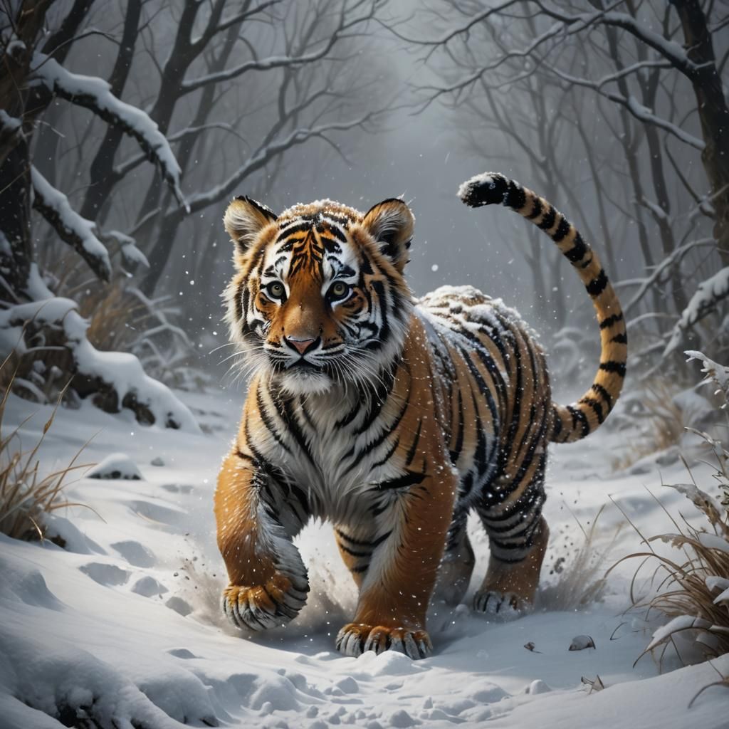 Magical Tiger Cub in Winter Snowdrift