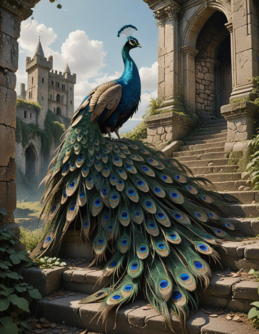 Gilded Peacock Amid Ancient Ruins