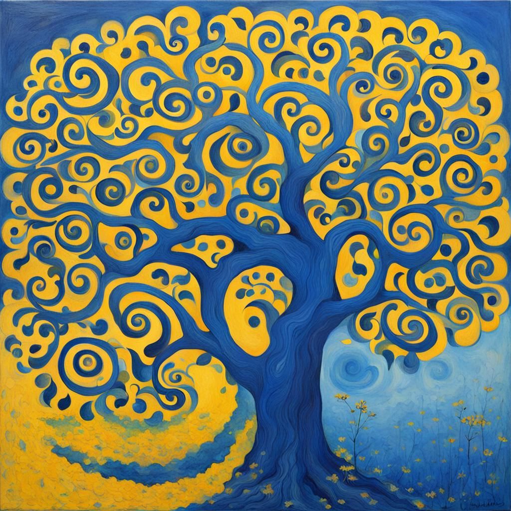 Surreal Nautilus Tree in Blue and Yellow
