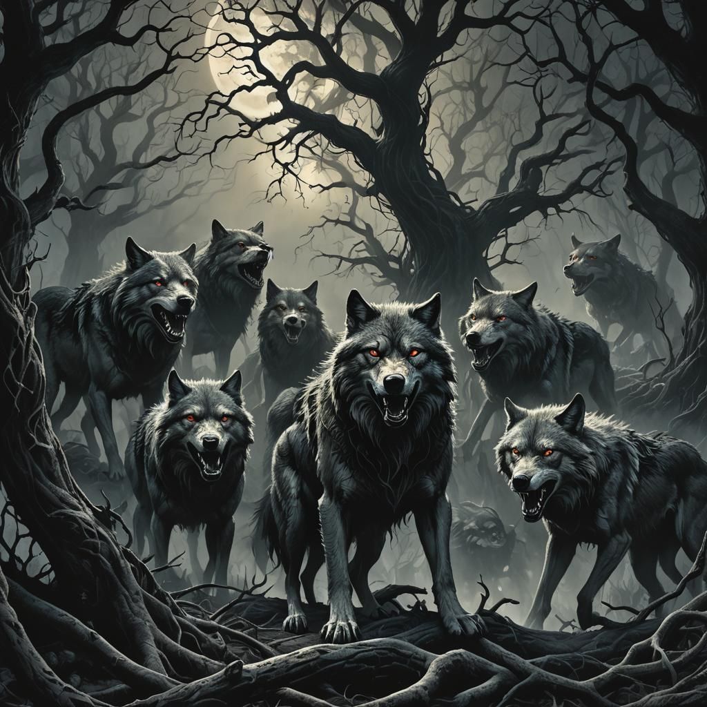 Eerie Mythological Wolves in Dark Fantasy Forest