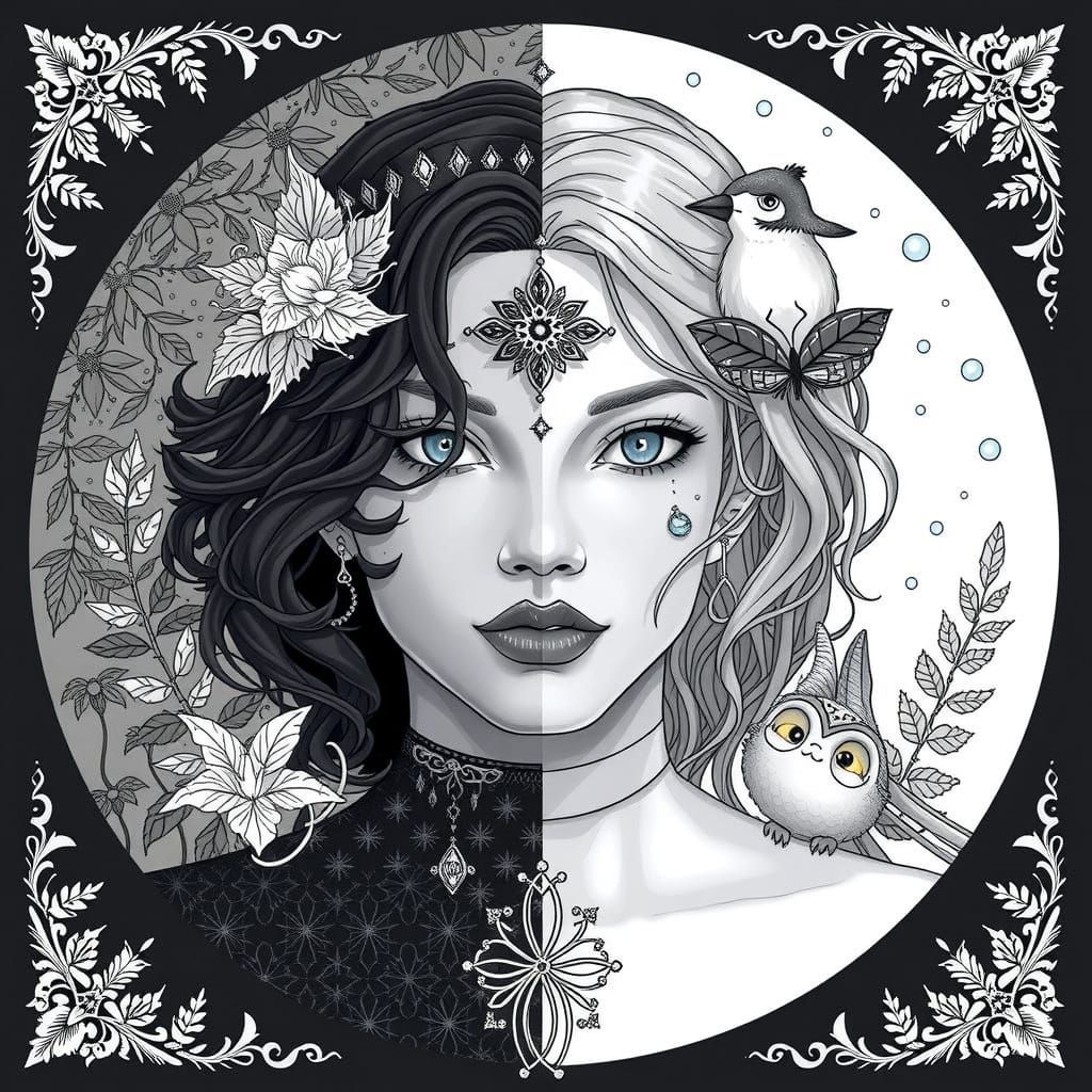 Androgynous Figure in Mirrored Outfits: Coloring Book Style