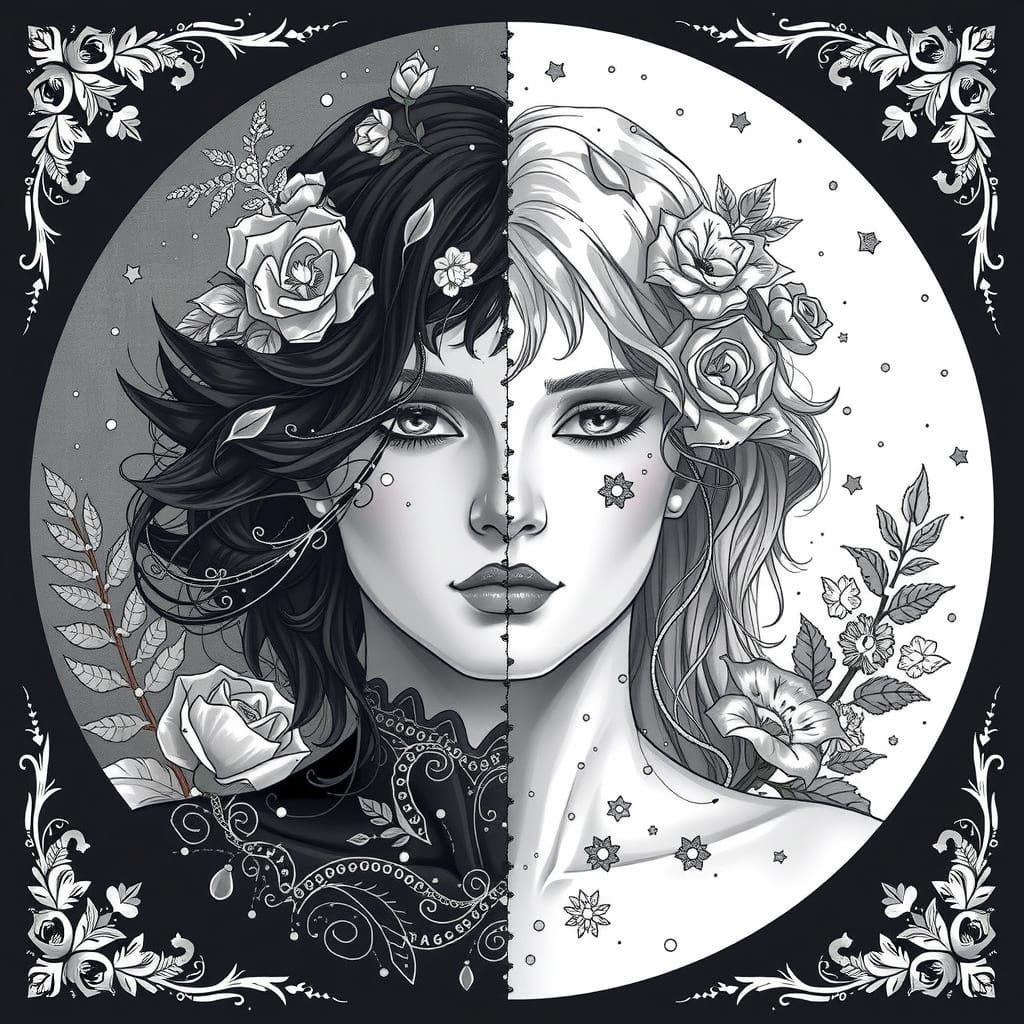 Androgynous Nymph in Black and White Coloring Book Style