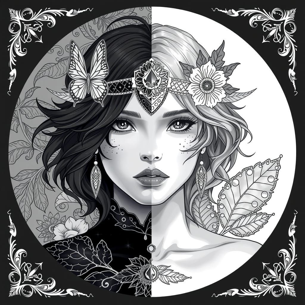 Androgynous Figure in Mirrored Outfits, Coloring Book Style