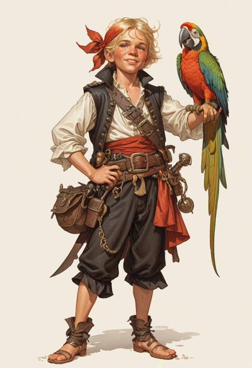 Pirate Boy with Parrot, Detailed 18th Century Illustration