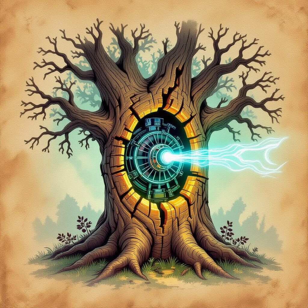 Glowing Ancient Tree With Hidden Turbine, Hand-Painted Style