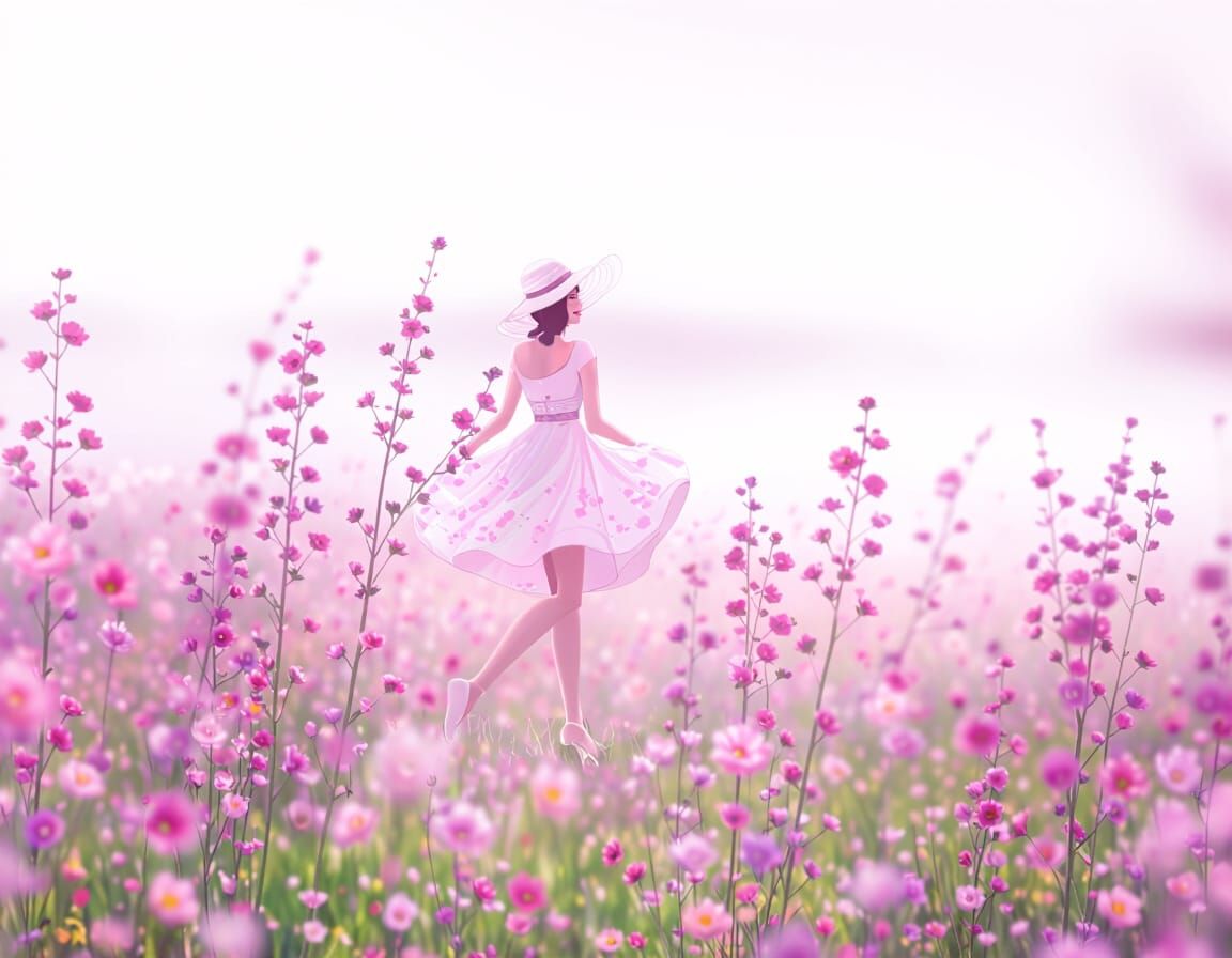 Woman in Hat Walks Through Field of Pink Flowers