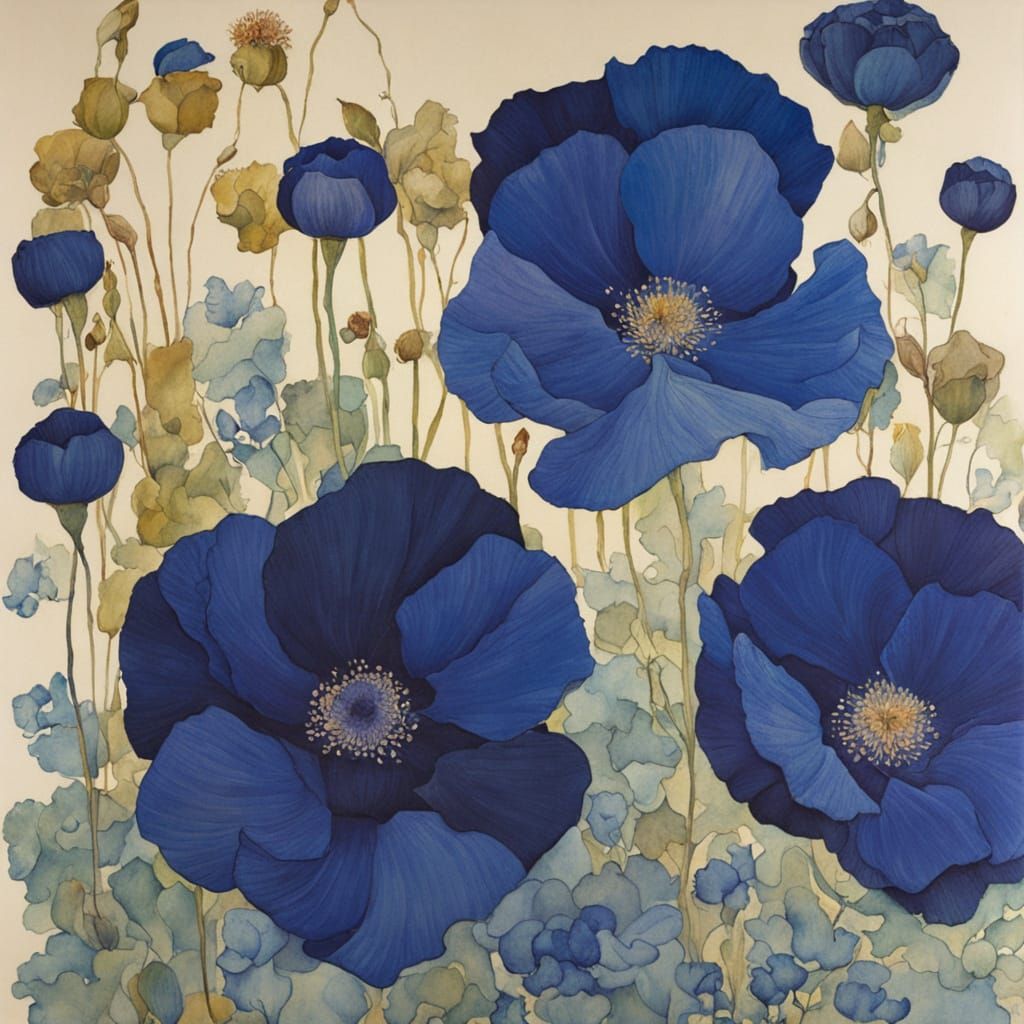 Intricate Indigo Poppy Blossom Inspired by Klimt and Schiele