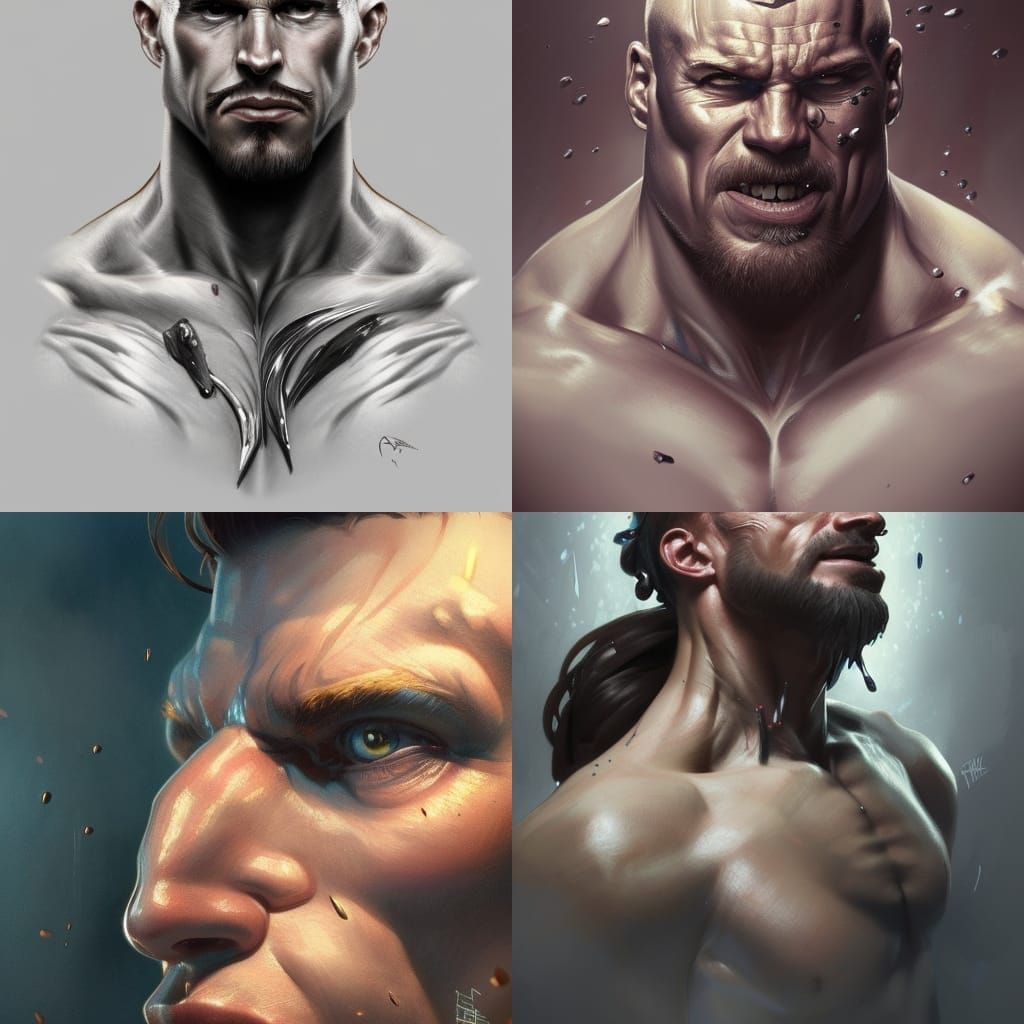 Detailed Portrait of Strong Man Flexing Muscles