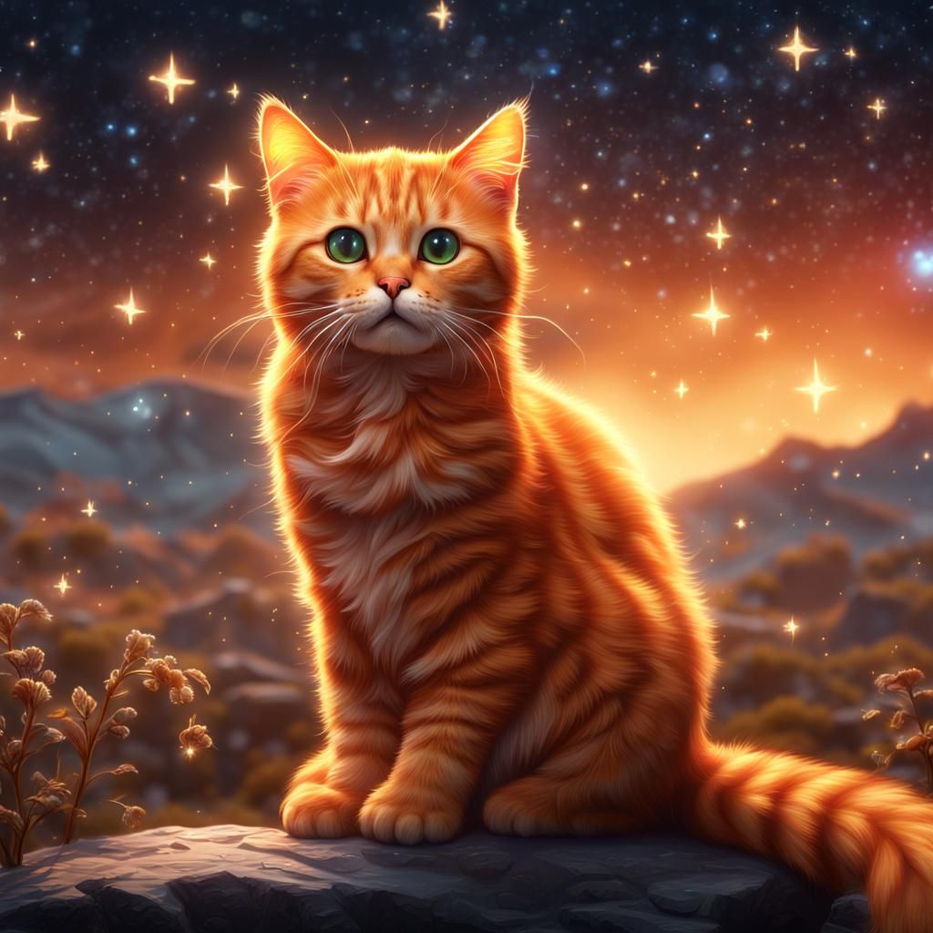 Cute Orange Cat in Starry Sky