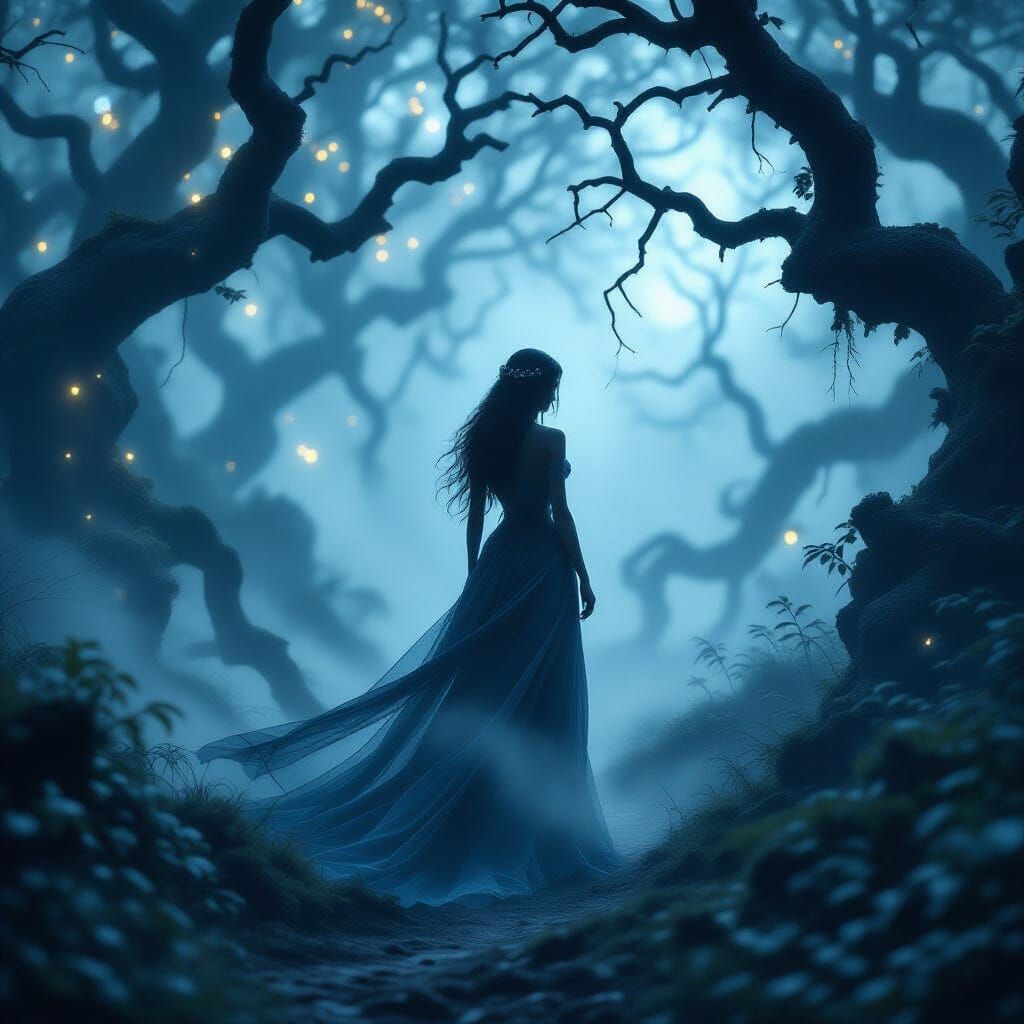 Misty Fairyland Silhouette in Dark Fantasy Style