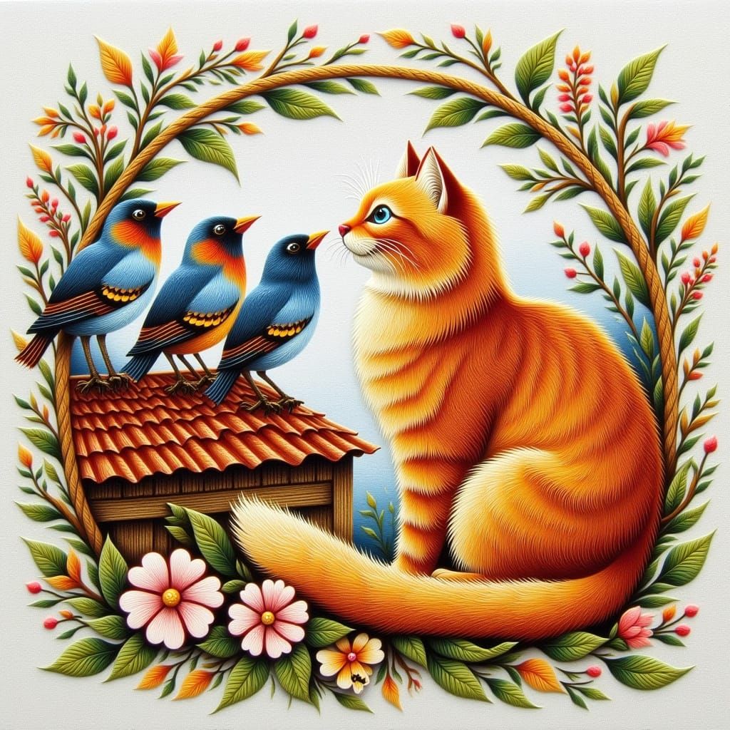 Whimsical Finch Birds Meet Majestic Orange Cat in Folk Art S...