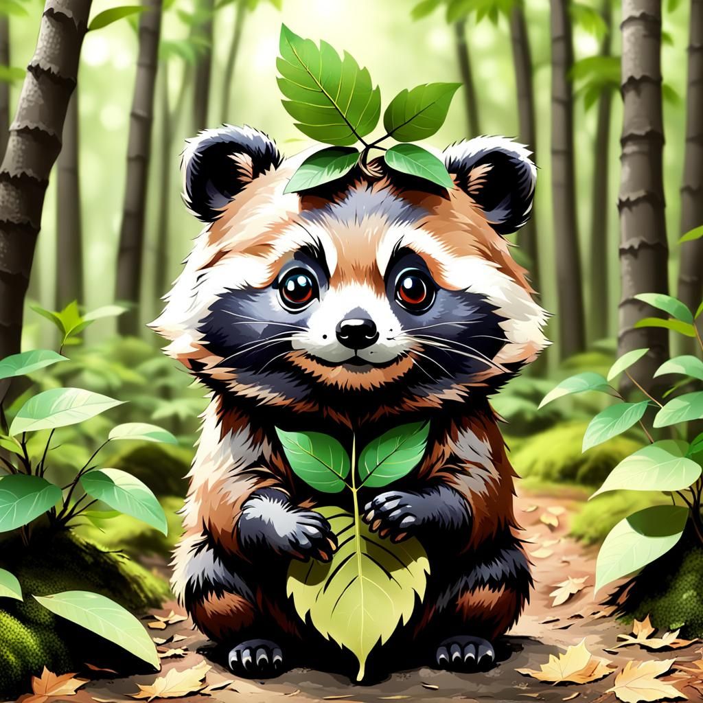 Adorable Tanuki with Leaf: AI Generated Image