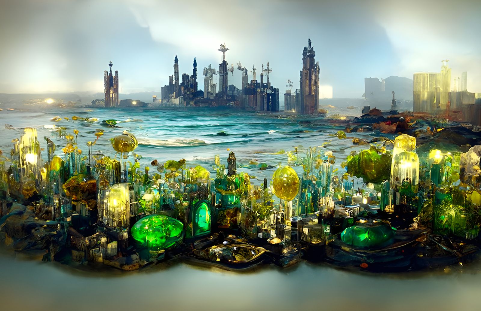 Biopunk Cityscape with Glimmering Jewels