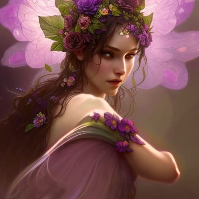 Enchanted Violet Fairy Portrait in Dark Fantasy Style