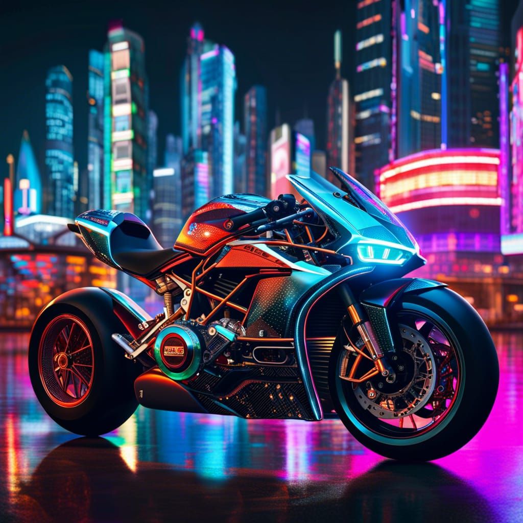 Futuristic Ducati Motorcycle in Neon Cityscape