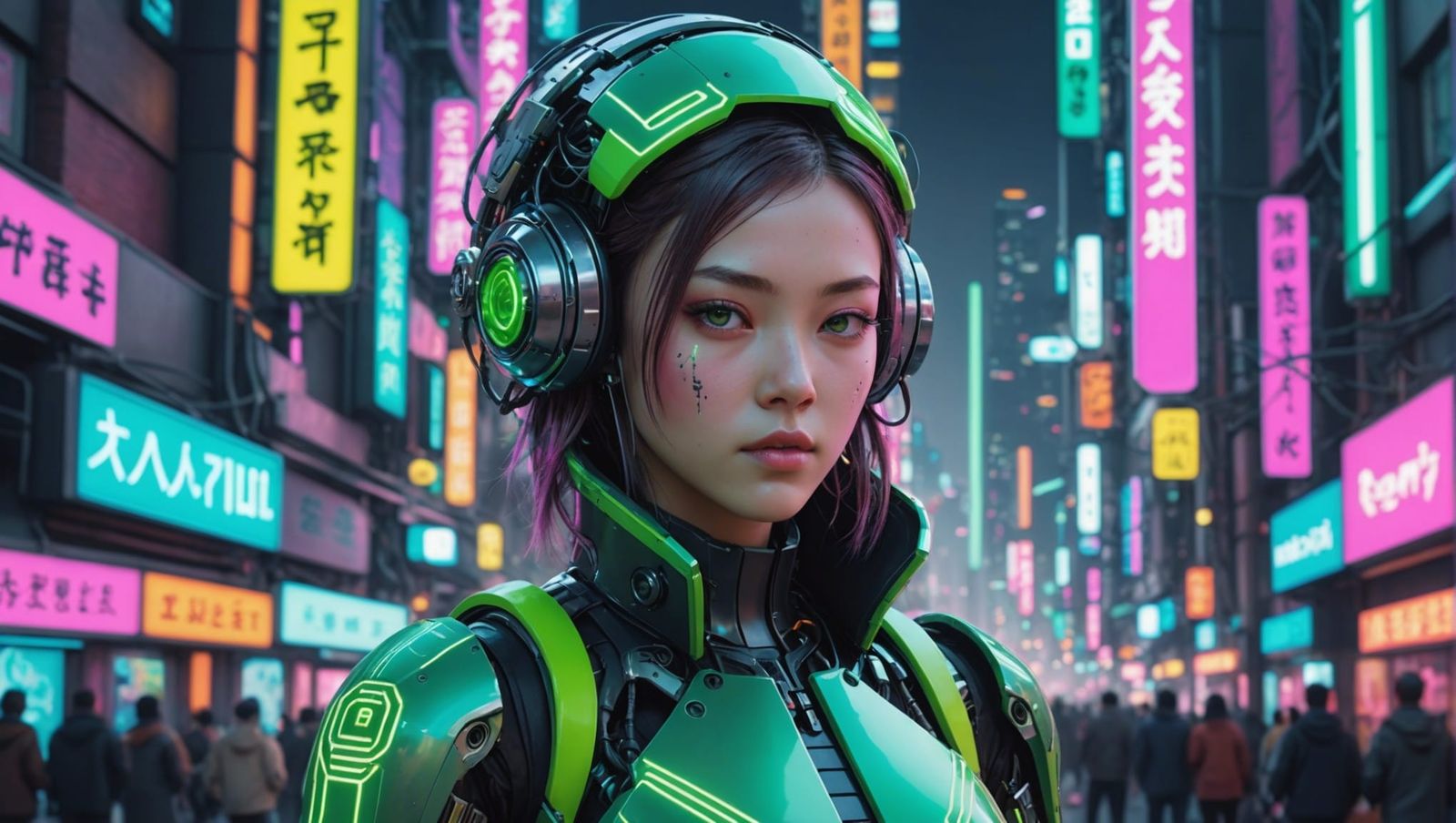 Cyberpunk Girl with Cybernetic Implants in Dystopian City