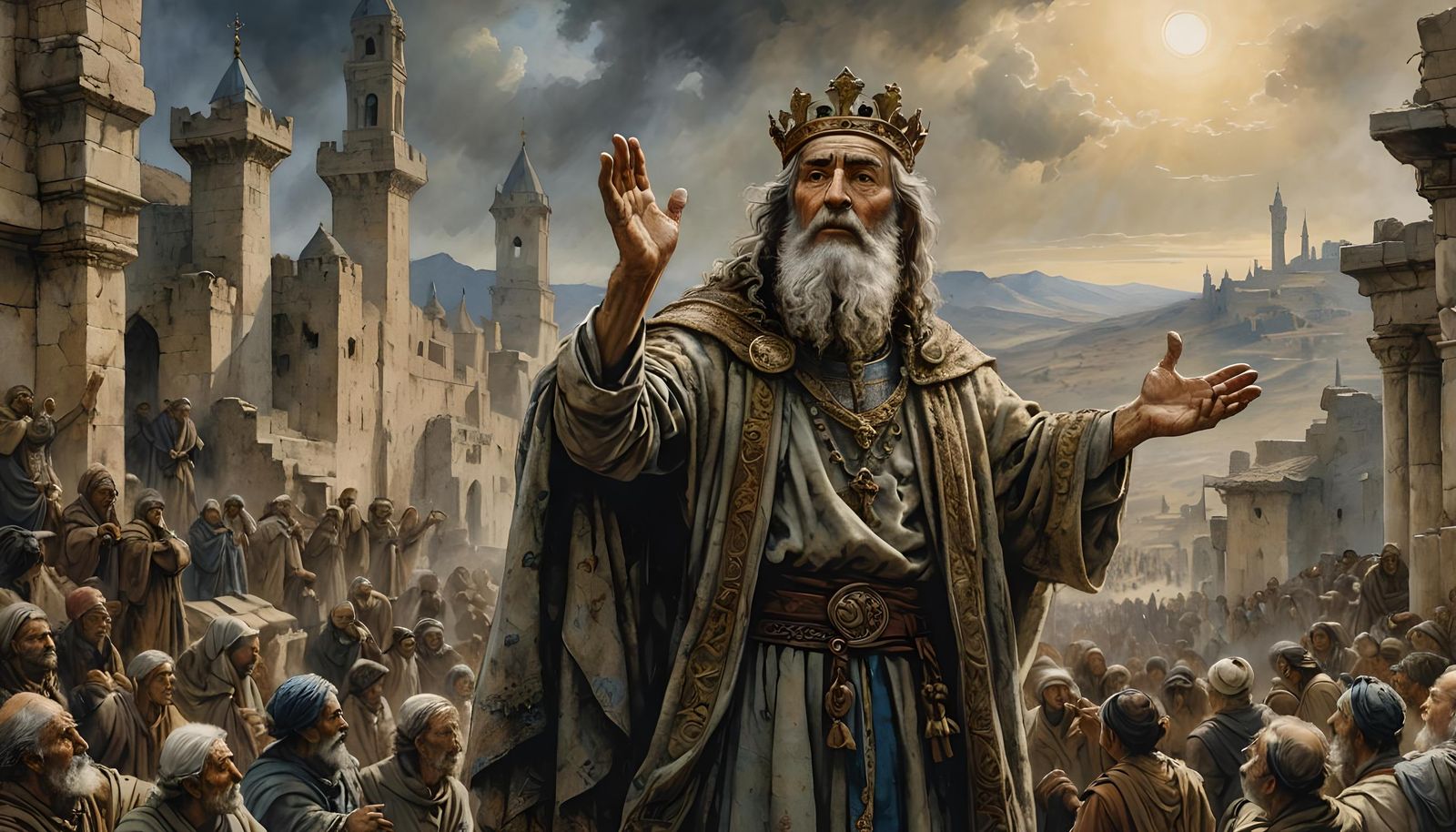 Old King Praying in Ancient Israel Setting