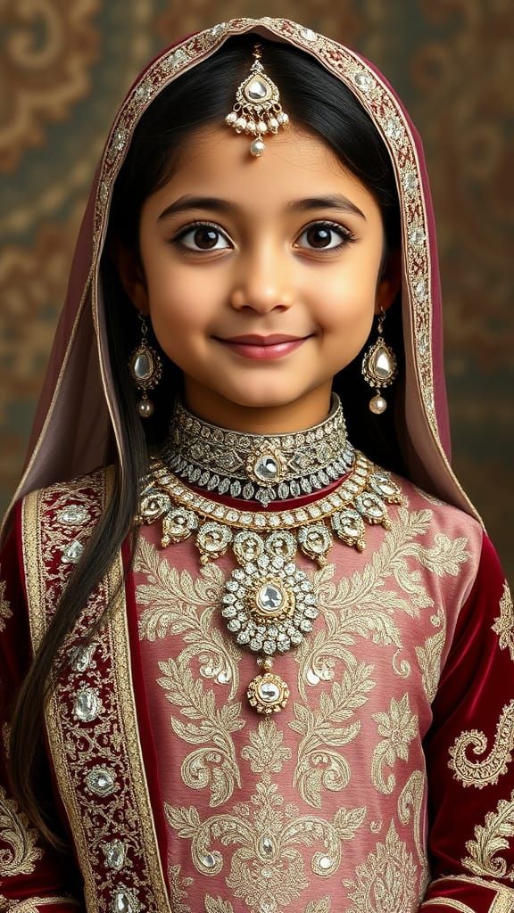 Elegant Young Girl in Opulent Eid Attire with Crystal Embell...
