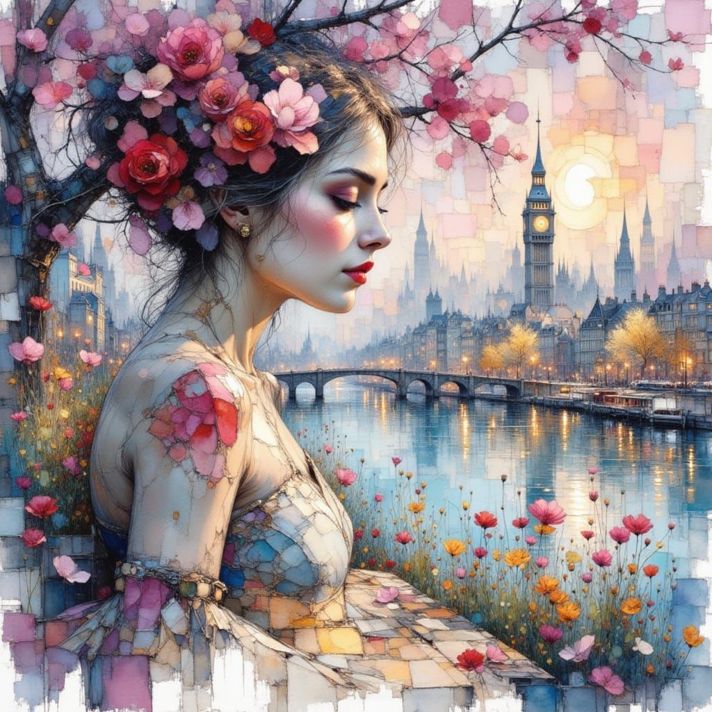 Ethereal Cityscape at Dawn in Watercolor Style