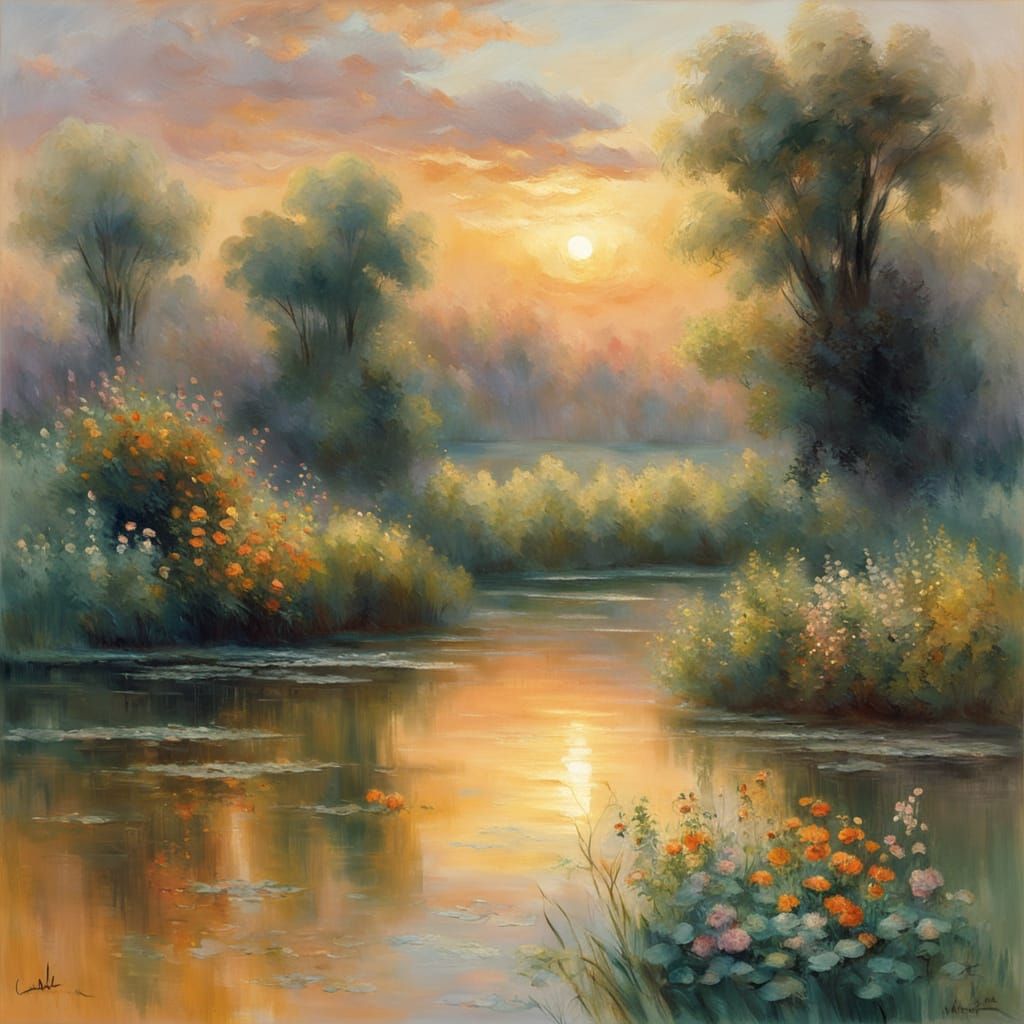 Impressionist Landscape with Serene Swamp and Vibrant Blooms