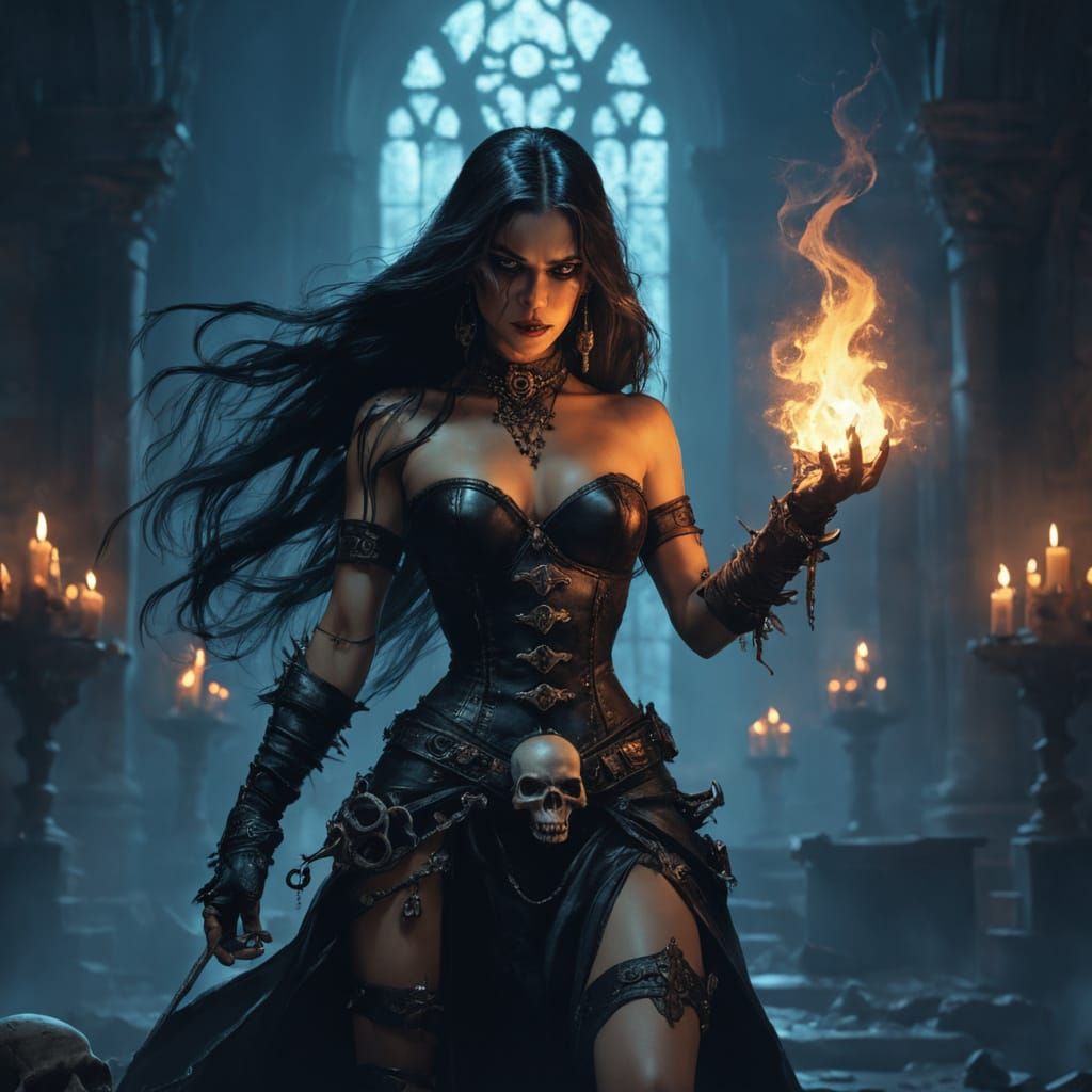 Sorceress Casting Spell in Cathedral: Dark Fantasy Art