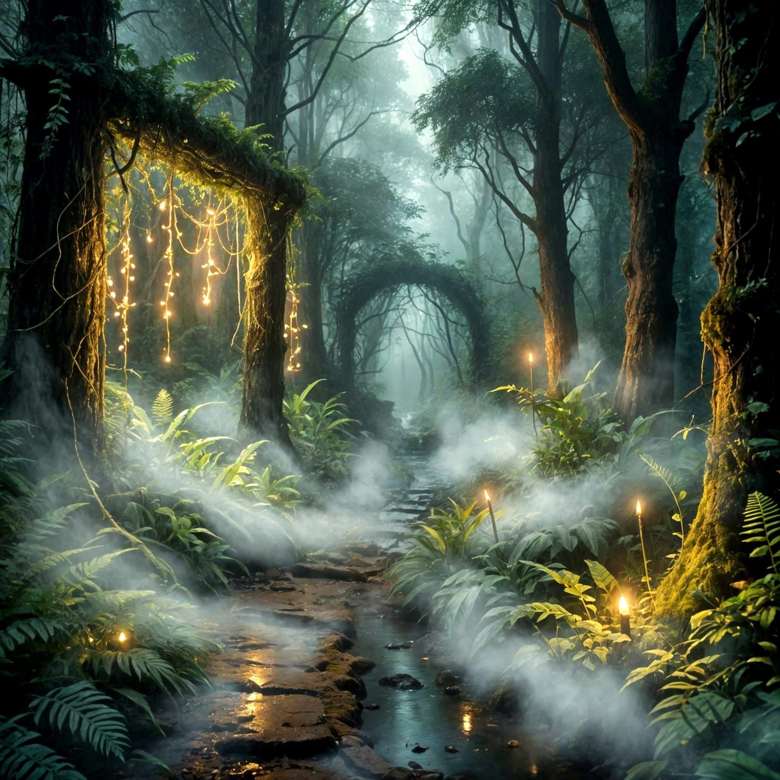 Magical Enchanted Forest at Sunrise with Fairy Dust
