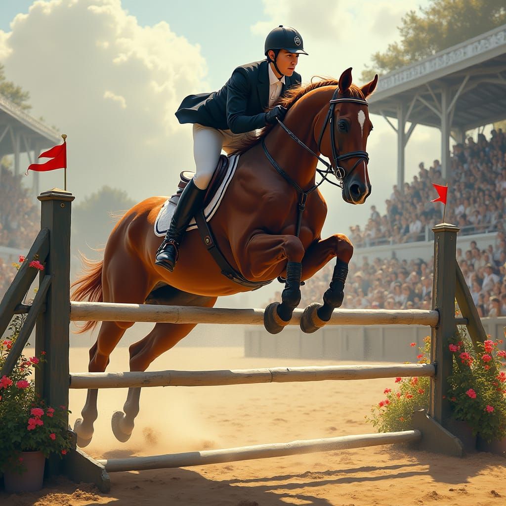 Equestrian Athlete Soars Over Show Jumping Obstacle