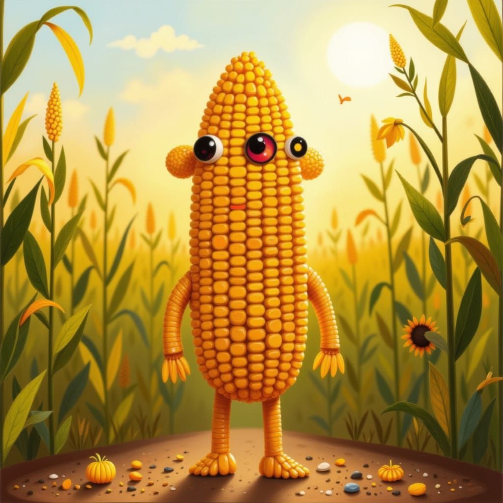 Whimsical Corn Robot in Sunlit Field Children's Book Style