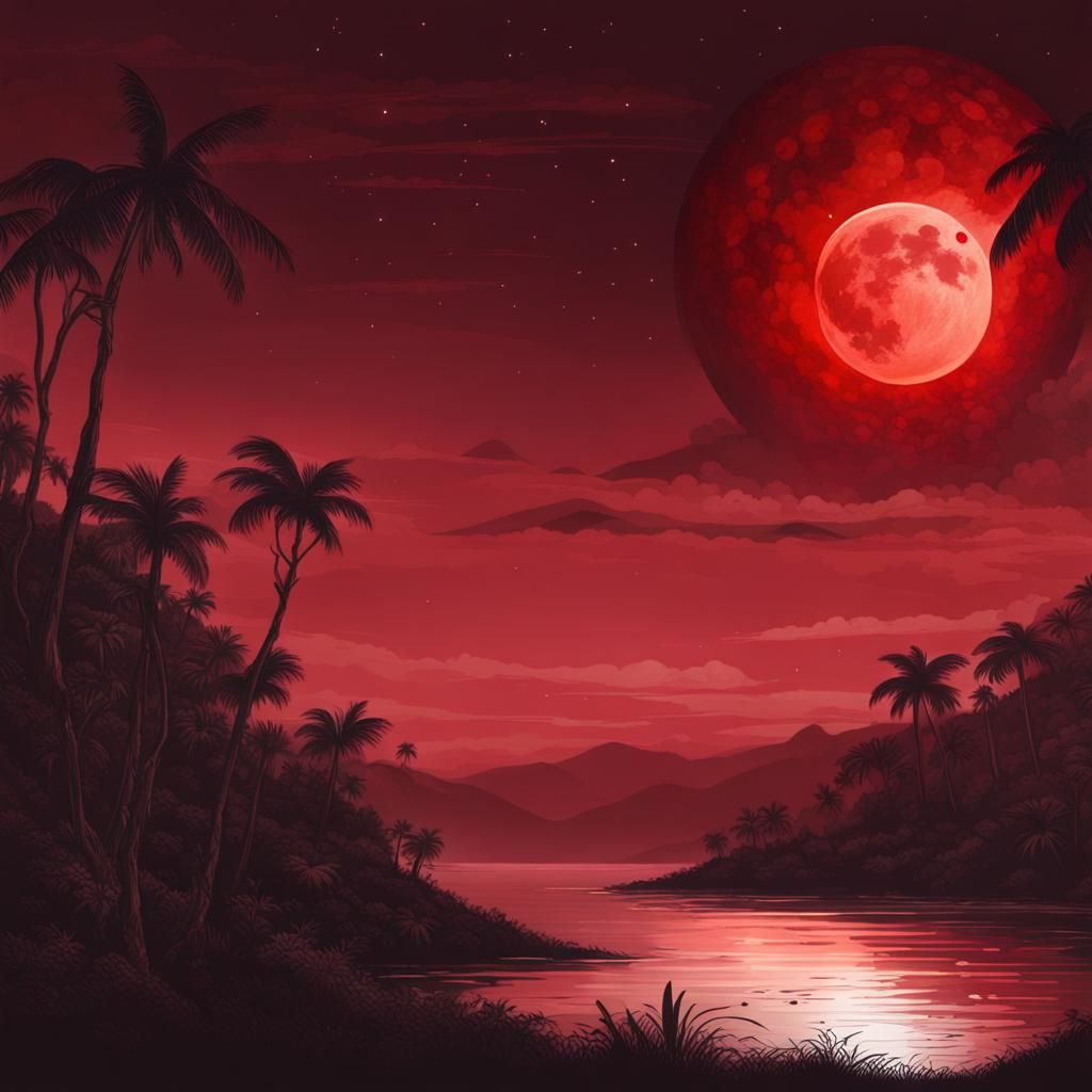 Eerie Blood Moon Over Coastal Jungle at Night