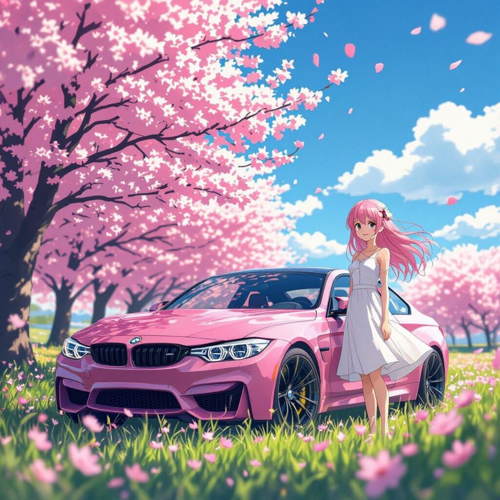 Anime Girl and Pink BMW Among Cherry Blossoms
