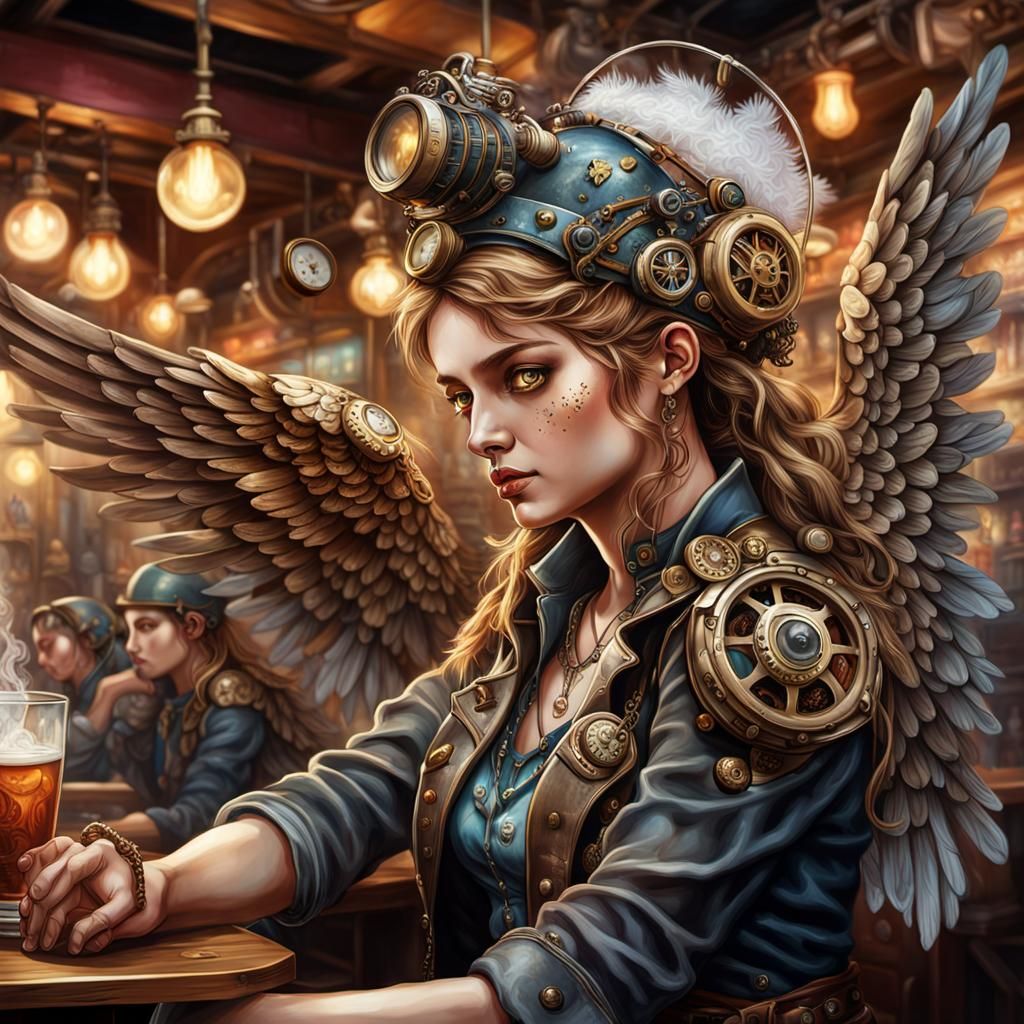 Steampunk Angel in Crowded Bar: Hyperrealistic Concept Art