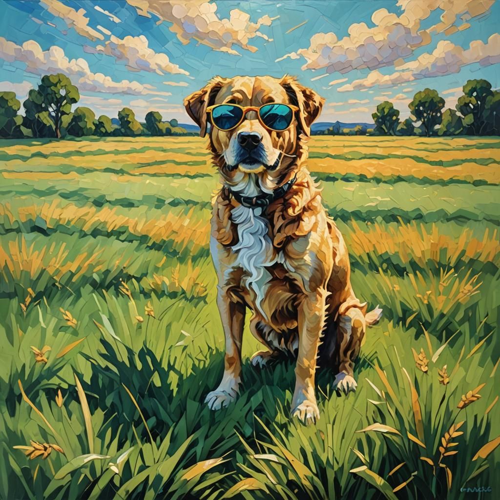 Dog in Sunglasses: Neo-Impressionist Golden Field