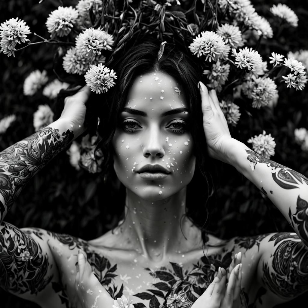black and white, woman with nature tattoos in natural setting