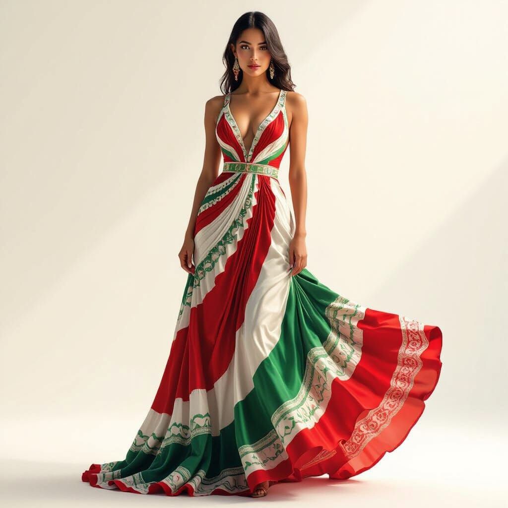 Elegant Mexican Woman in Flowing Liquid Dress