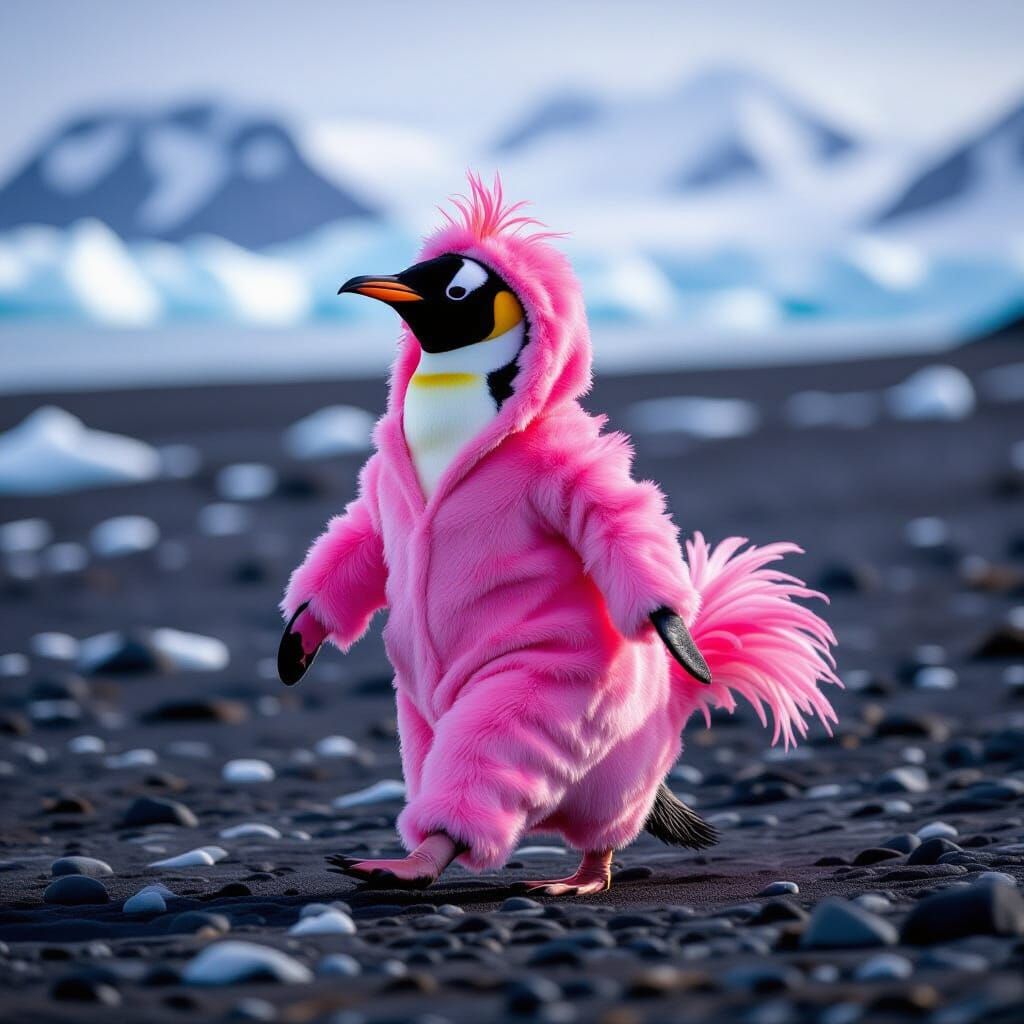 Penguin in Pink Flamingo Costume Waddles Through Antarctic