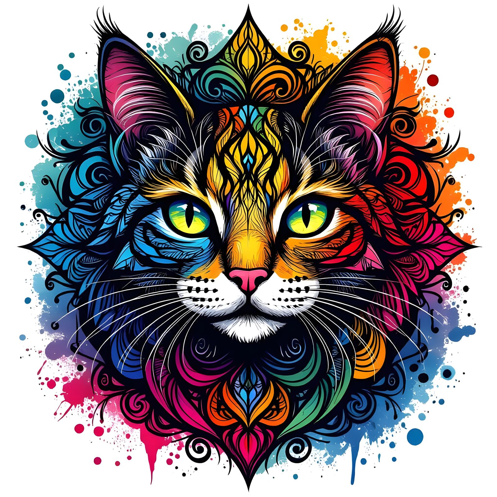 Vibrant Zentangle Cat Head Illustration in Bold Colors