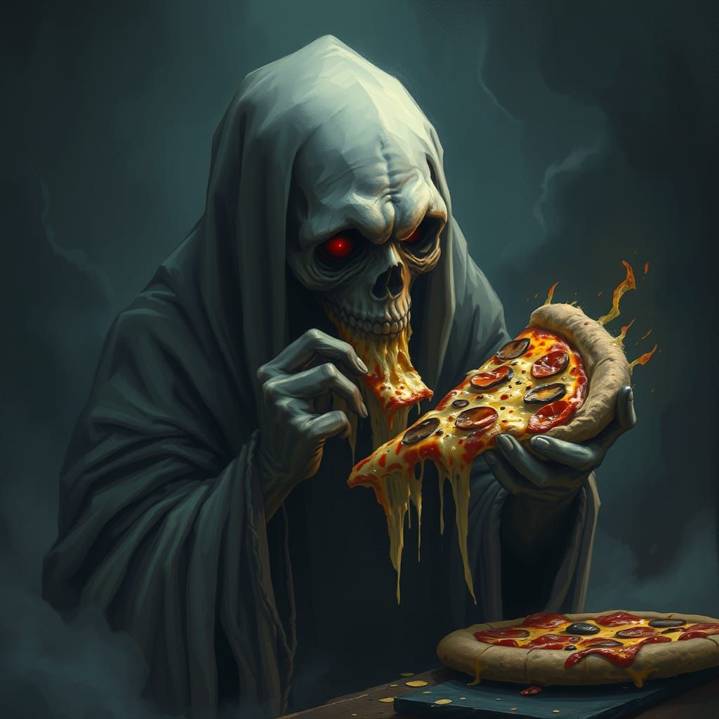 Terrifying Ghost Devouring Cheesy Pizza