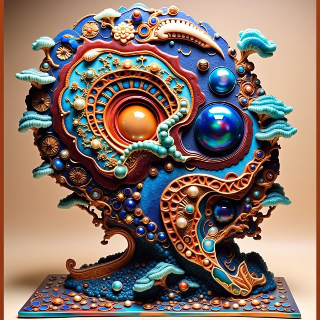 Vibrant Geometric Sculpture with Swirling Fractal Patterns