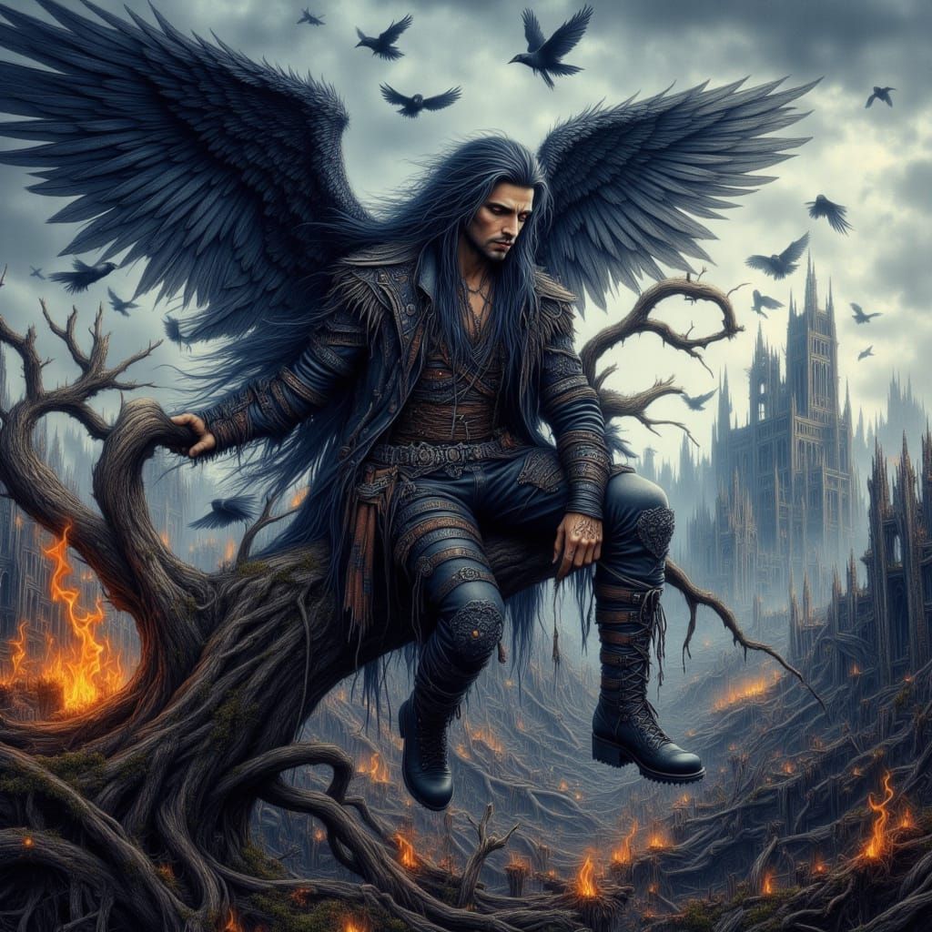 Dark Angel Perched Above Battlefield with Crows