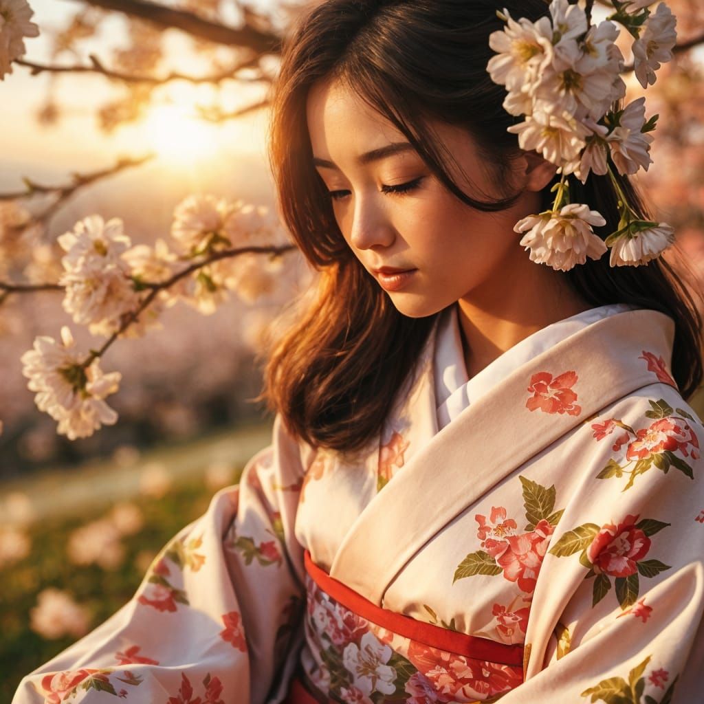 Japanese Girl in Kimono Under Cherry Blossom Tree