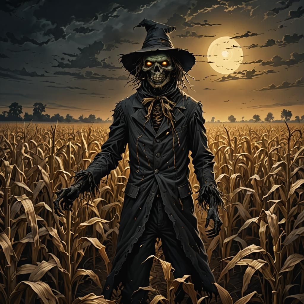 Zombie Scarecrow Lurking in Cornfield: Scary Digital Art